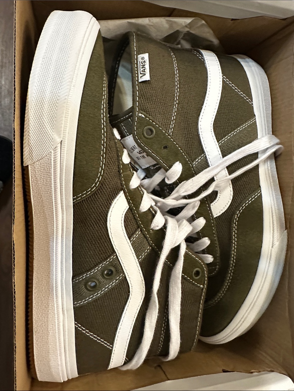 Vans Olive and White High-Top Skate Sneakers